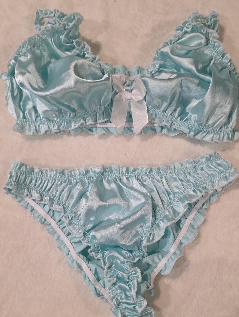Baby Blue Satin Ruffle Bralette Set